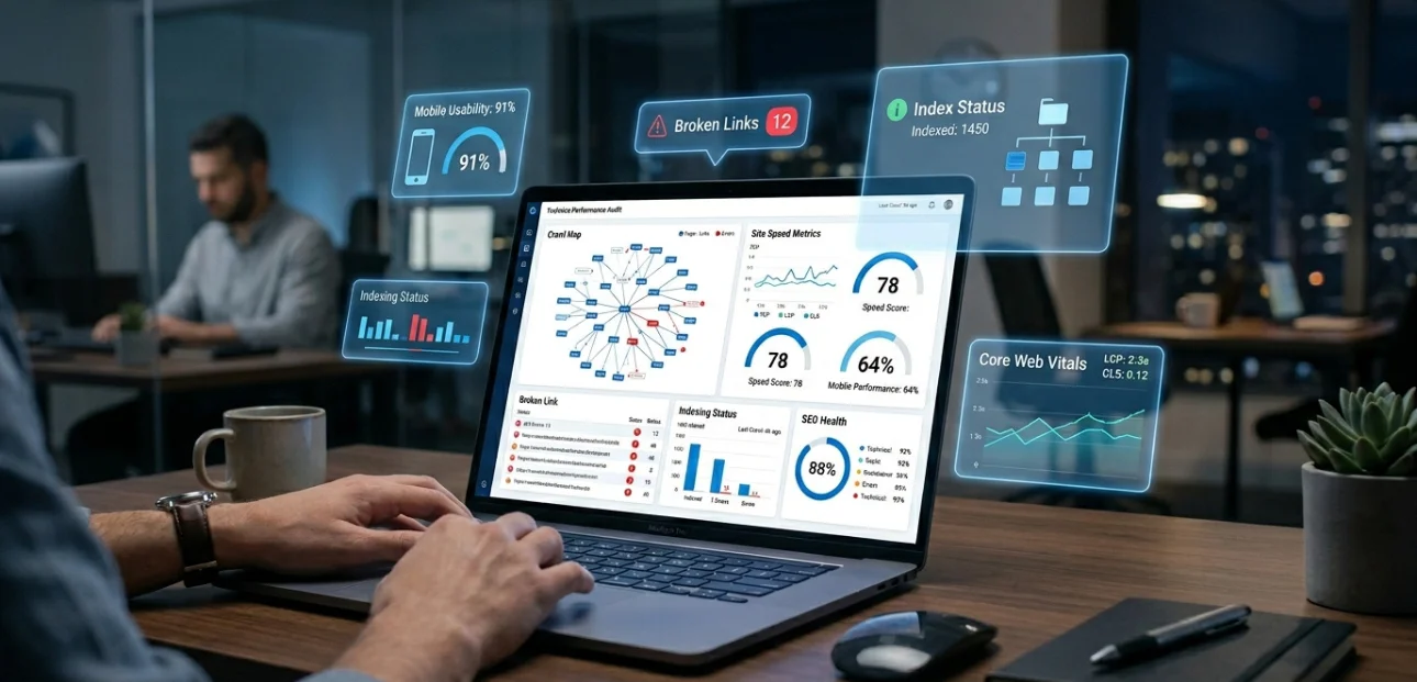 SEO audit concept showing website analytics dashboard, technical SEO issues, and ranking improvement strategy for digital marketing growth