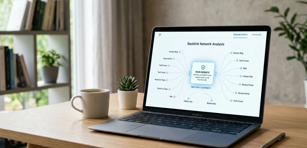 Modern link building strategy showing backlinks as trust signals, authority growth, and SEO performance in 2026