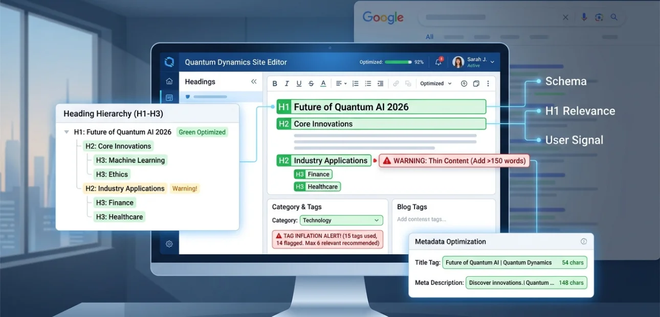 SEO structure showing H1 H2 tags, blog categories, and metadata optimization for 2026 search engine ranking strategy