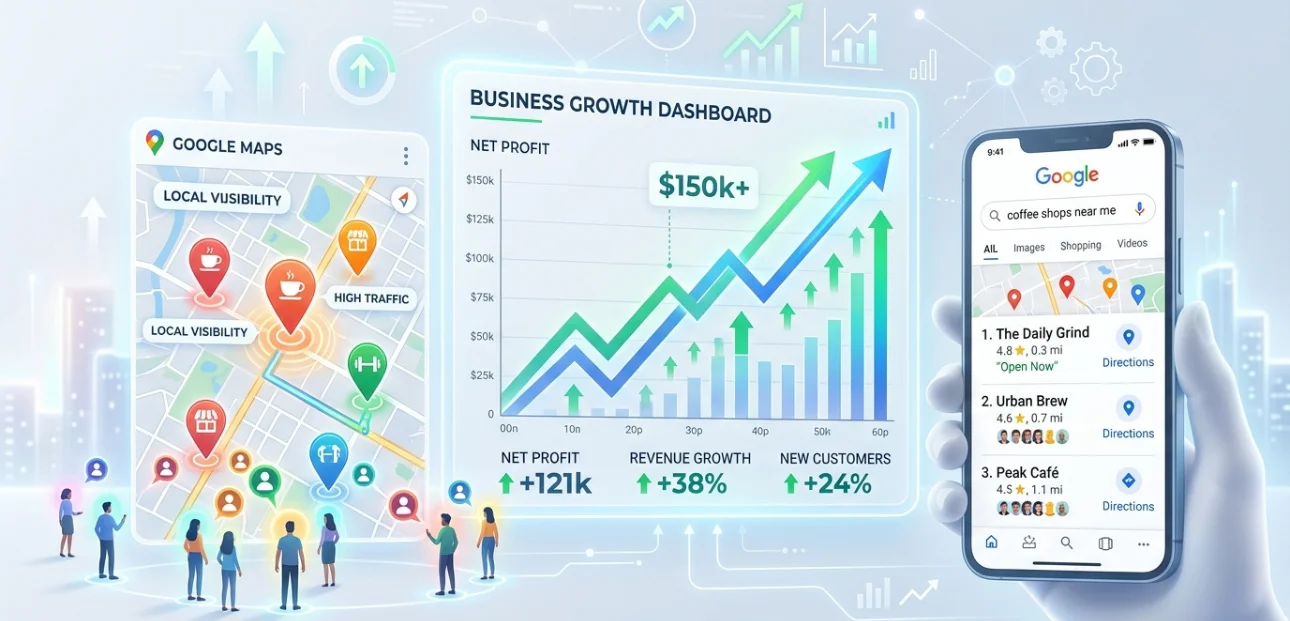 Local SEO strategy showing increased profits, higher conversions, and business growth through Google Maps visibility and organic traffic in 2026